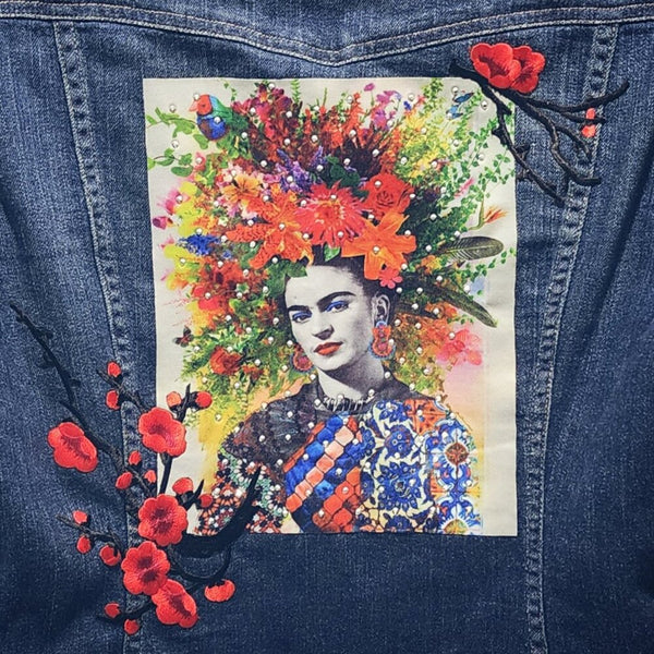 Frida Kahlo Vibrant Floral Custom Upcycled Denim Levi's Jacket, M