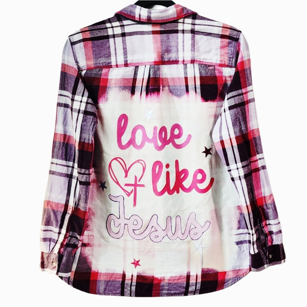 Love Like Jesus Custom Upcycled Pink Plaid Tencel Shirt, L