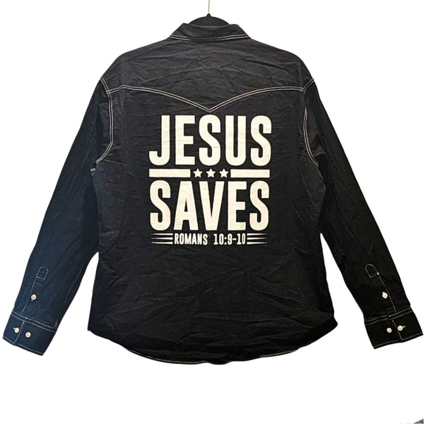 Jesus Saves Custom Christian Upcycled Black Long Sleeve Western Shirt with White Stitching, XL