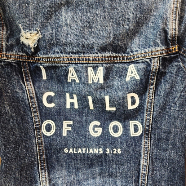 I Am A Child Of God Custom Upcycled Jean Jacket, Kid's 9/10Y