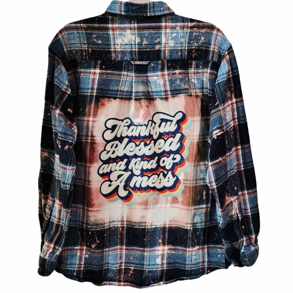 Thankful Blessed & Kind Of A Mess Custom Upcycled Bleached Plaid Flannel, L