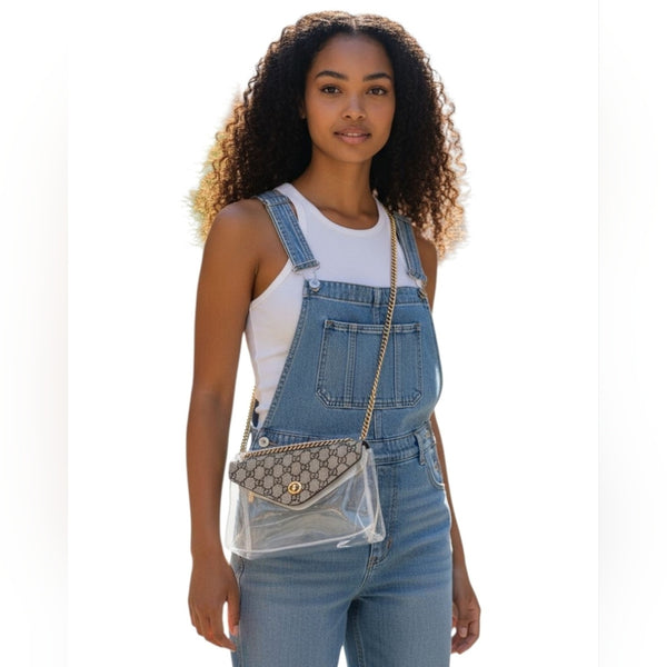 Clear Stadium Bag W/ Repurposed Handsewn GG Canvas Flap, Removable Gold Chain Strap