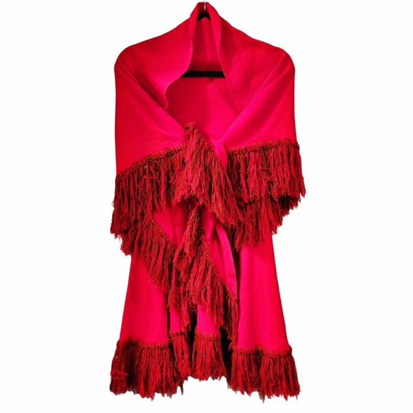 Rare Handwoven Vintage Two Piece Red Fringed Midi Skirt With Matching Shawl, XS