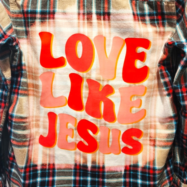 Love Like Jesus Custom Christian Upcycled Plaid Flannel Long Sleeve Shirt, Size M