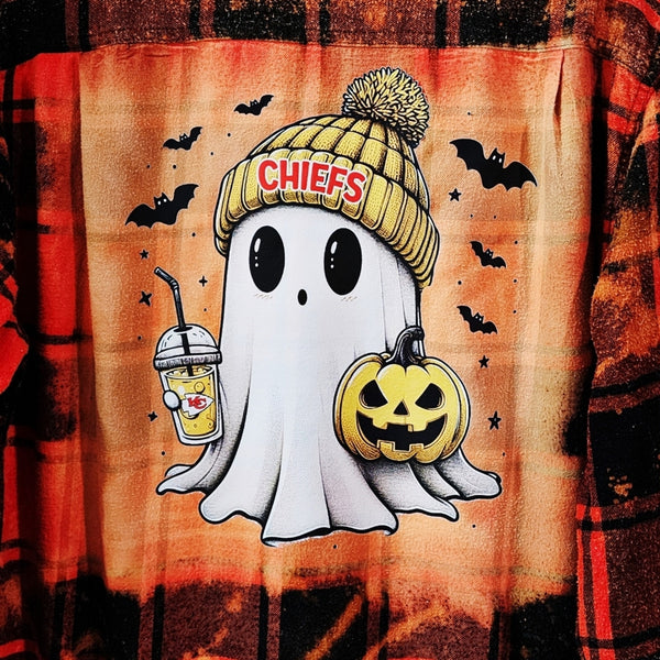 KC Chiefs Custom Ghost Upcycled Buffalo Plaid Flannel Shirt, Women's L