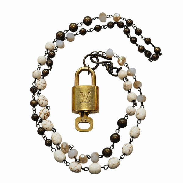 Louis Vuitton Gold Padlock & Key Repurposed Neutral Beaded Statement Necklace