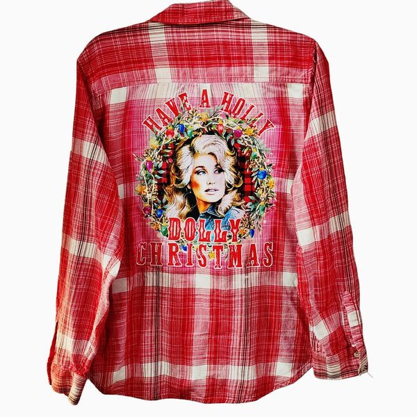Have a Holly Dolly Christmas Upcycled Red & White Plaid Shirt, 2X