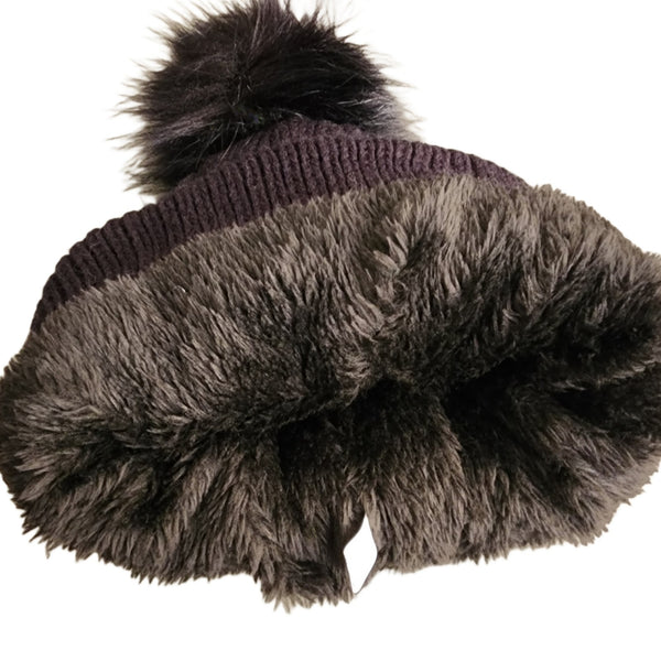 Christian Black Cable Knit Pom Beanie with Tan Faux Leather 