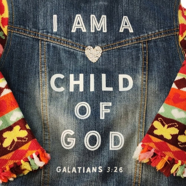 I Am A Child of God Upcycled Christian Girl's Sweater Sleeve Jean Jacket, 4T