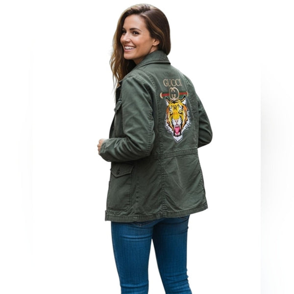 Safari Style Utility Jacket Upcycled With GG Inspired Back Design, M