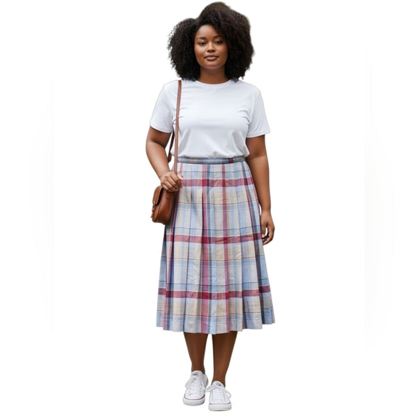 NWT Pendleton 100% Virgin Wool Blue & Plum Plaid A-Line Pleated Midi Skirt, 12