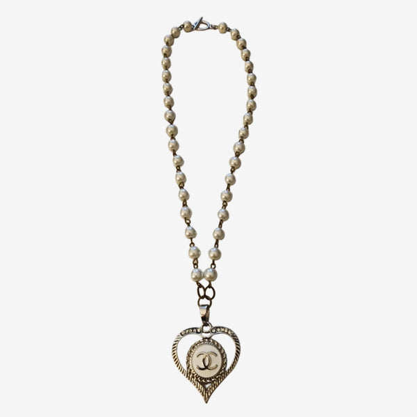 Upcycled Designer Button Heart Pendant on Pearl Rosary Style Necklace