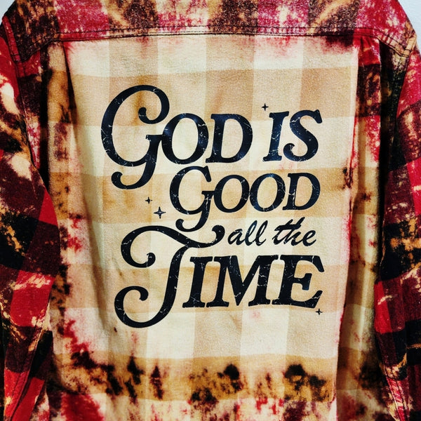 God Is Good Custom Upcycled Christian Upcycled Buffalo Plaid Flannel Shirt, XL