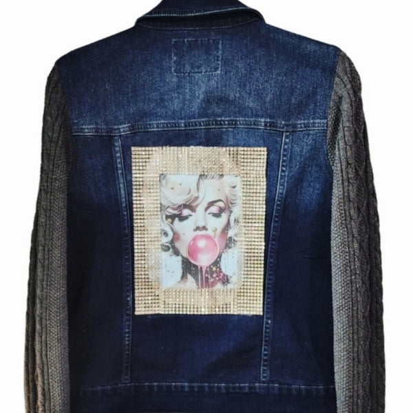 Marilyn Monroe Custom Back Design on Repurposed Guess Sweater Sleeve Jean Jacket, Size Juniors L