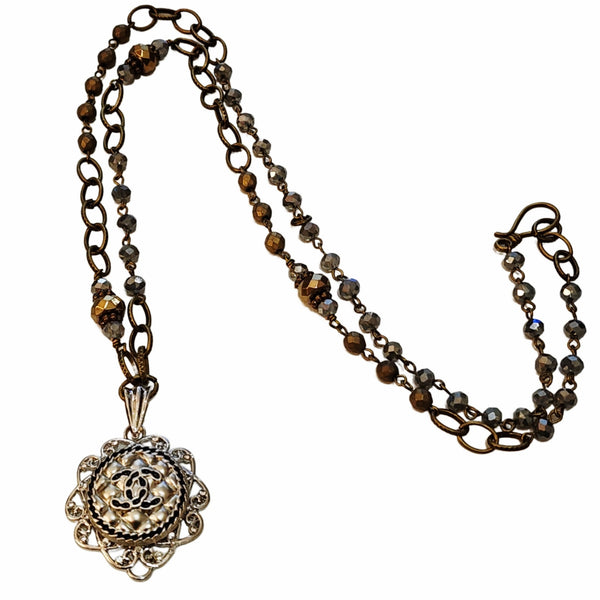 Silver & Black Quilted Designer Button Pendant on Beaded Long Necklace