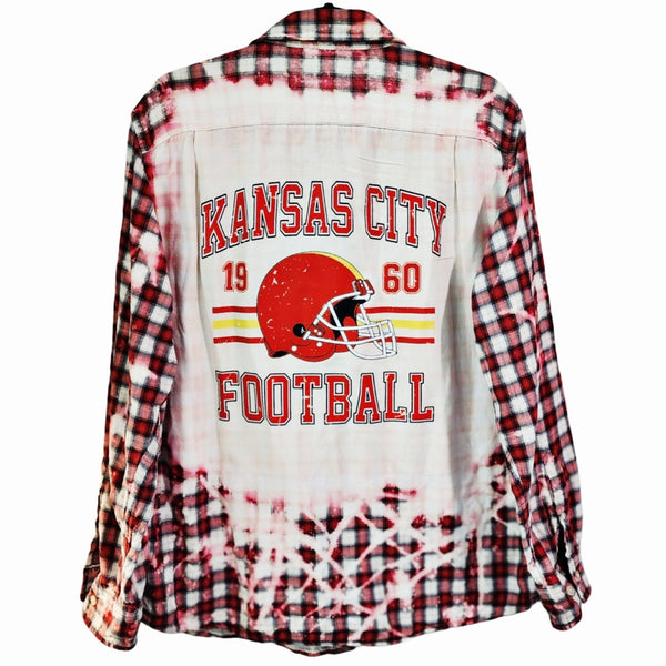 Kansas City Chiefs Red & White Custom Upcycled Bleached Plaid Shirt, L