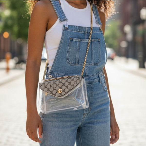 Clear Stadium Bag W/ Repurposed Handsewn GG Canvas Flap, Removable Gold Chain Strap