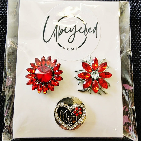 Interchangeable Snap Charm 3 Piece Set - Red/Silver Floral/Mom Charms