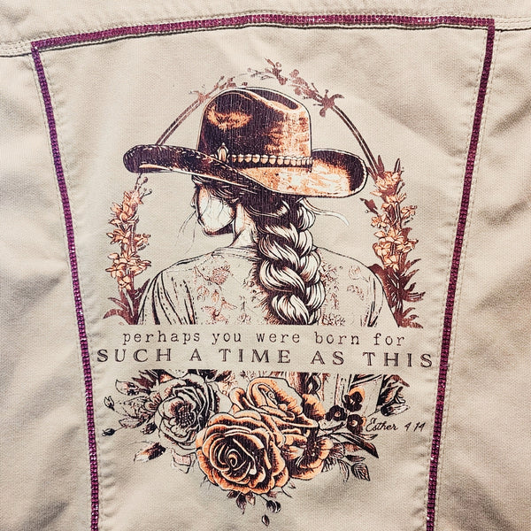 Esther 4:14 Perhaps You Were Born for Such a Time as This Custom Purple Rhinestone Embellished Christian Upcycled Tan Jacket, Women's 8