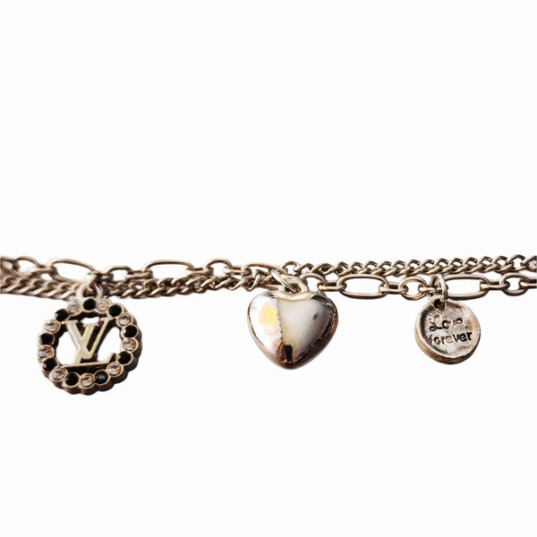 Charm Bracelet w/LV Rhinestone Charm, 925 Silver Charm, & Puff Heart in Silver
