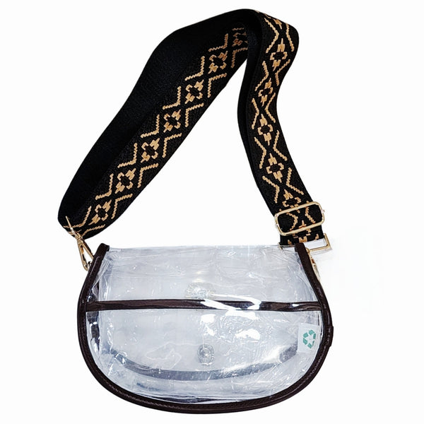 Curved Clear Stadium Bag in Black with Sunflower Charm & Woven Crossbody Strap