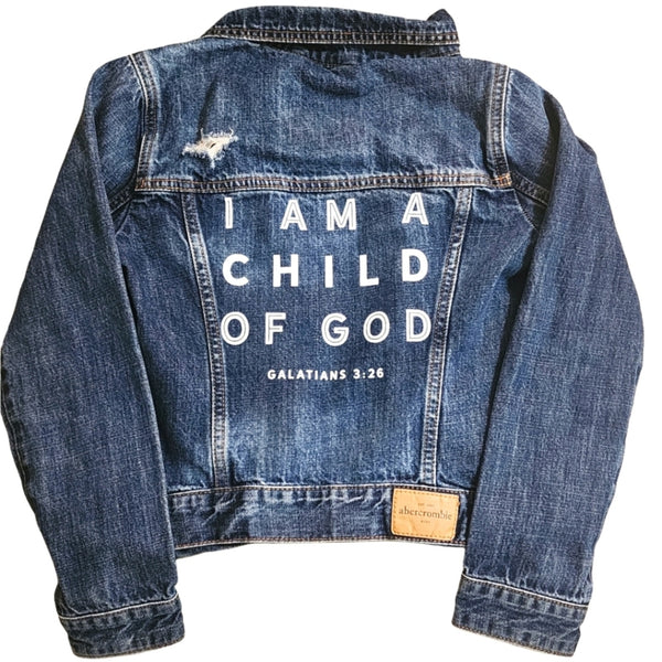 I Am A Child Of God Custom Upcycled Jean Jacket, Kid's 9/10Y
