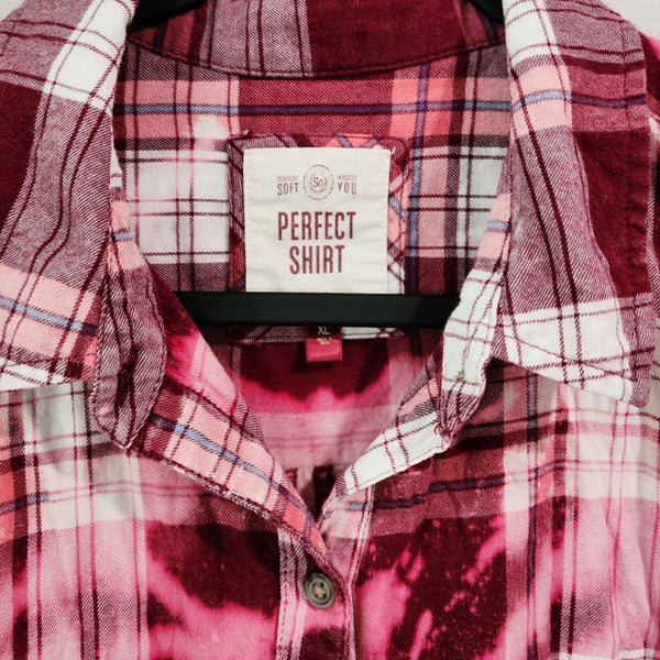 Dog Mom Pink & White Custom Upcycled Plaid Shirt, XL