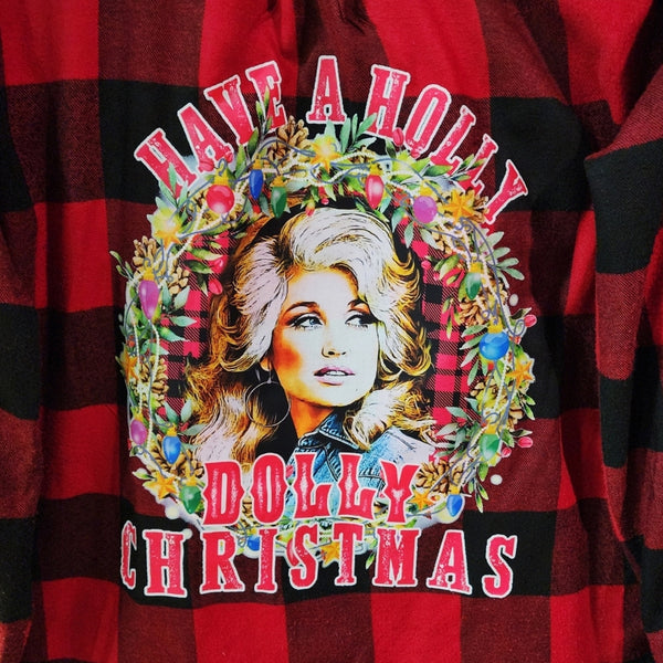 Have a Holly Dolly Christmas Upcycled Red & White Buffalo Plaid Flannel Shirt, M