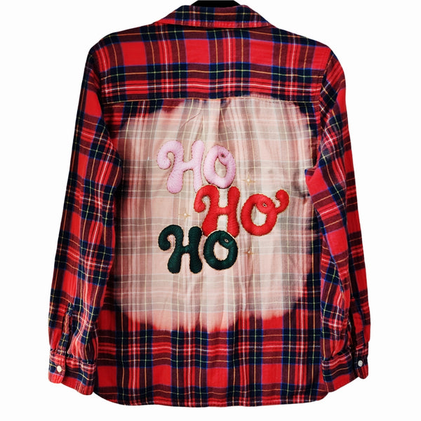 Ho Ho Ho Christmas Upcycled Bleached Red Plaid Lightweight Flannel Shirt, L