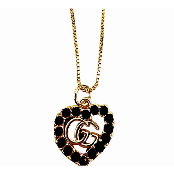 Repurposed Designer GG Black Rhinestone Heart Charm on 18K GF Chain