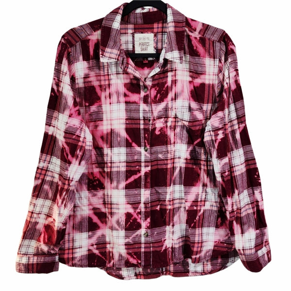 Dog Mom Pink & White Custom Upcycled Plaid Shirt, XL