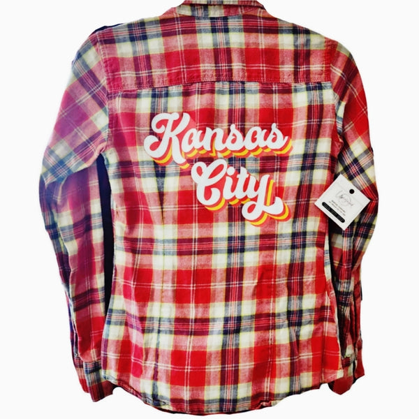 Kansas City Chiefs Upcycled Red & Gray Plaid Button Down Shirt, Size XS
