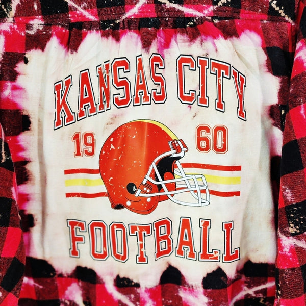 Kansas City Chiefs Red & White Custom Upcycled Bleached Plaid Flannel Shirt, XXL