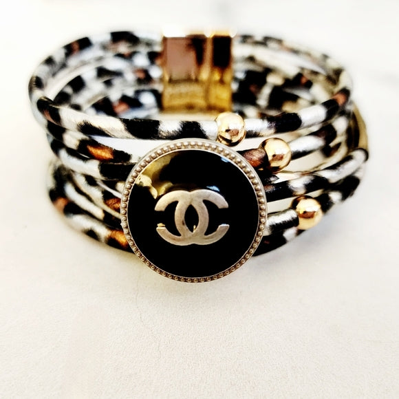 Interchangeable Designer Button Snap Charm On Multistrand Leopard Cuff Bracelet