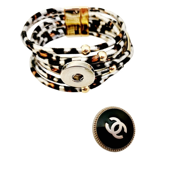 Interchangeable Designer Button Snap Charm On Multistrand Leopard Cuff Bracelet