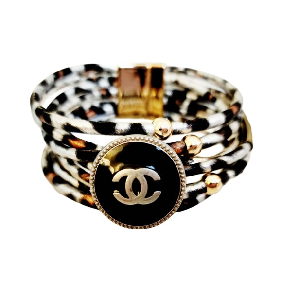 Interchangeable Designer Button Snap Charm On Multistrand Leopard Cuff Bracelet