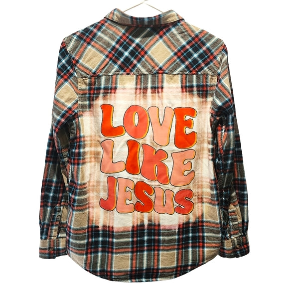 Love Like Jesus Custom Christian Upcycled Plaid Flannel Long Sleeve Shirt, Size M