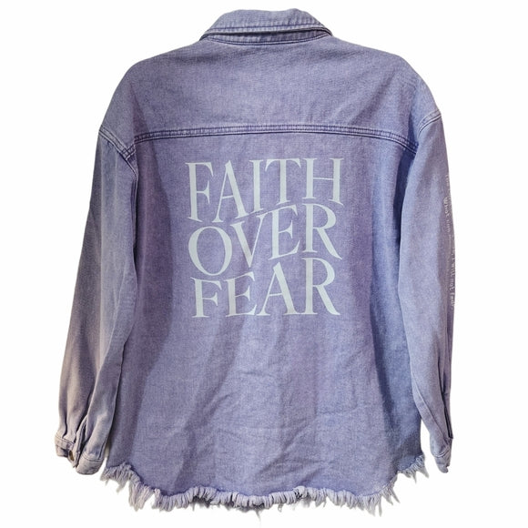 Faith Over Fear Custom Upcycled Purple Frayed Hem Jean Jacket, Women's S