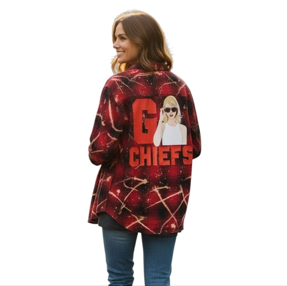 Kansas City Swifties Custom Upcycled Buffalo Plaid Flannel Shirt, Women's 1X