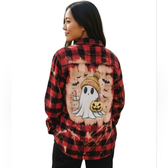 KC Chiefs Custom Ghost Upcycled Buffalo Plaid Flannel Shirt, Women's M