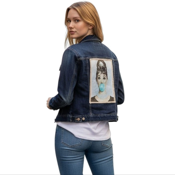 Audrey Hepburn Custom Upcycled Jean Jacket, XL