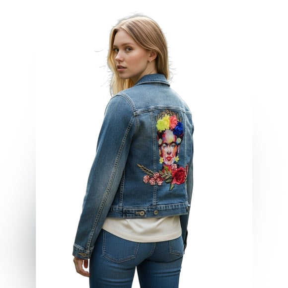 Frida Kahlo 3D Floral Custom Upcycled Jean Jacket, XS