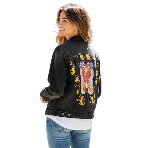 Free Spirit Custom Upcycled Black Denim Jacket, 1X
