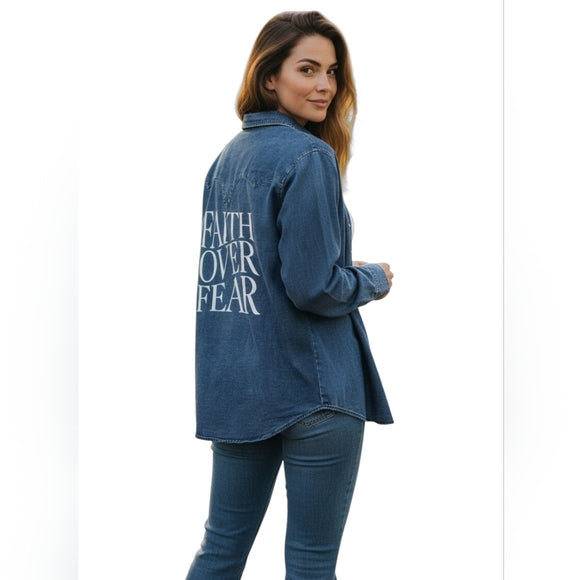 Faith Over Fear Custom Christian Upcycled Snap Button Western Denim Shirt, Women's 1X
