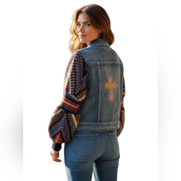 Christian Cross Custom Upcycled Knit Balloon Sleeve Jean Jacket, Women's S