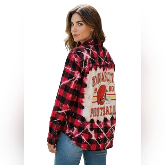 Kansas City Chiefs Red & White Custom Upcycled Bleached Plaid Flannel Shirt, XXL