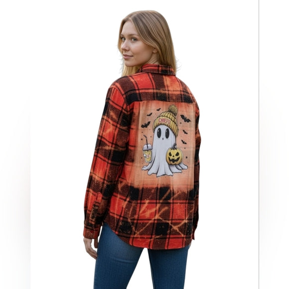 KC Chiefs Custom Ghost Upcycled Buffalo Plaid Flannel Shirt, Women's L