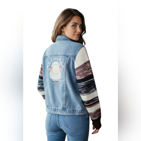 The Lord Is My Shepard Custom Upcycled Sweater Sleeve Jean Jacket, Women's M