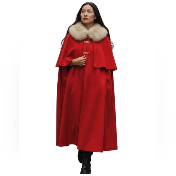 Vintage King Jones Red Wool Cape w/Fox Fur Collar, Hook & Eye Close, & Pockets