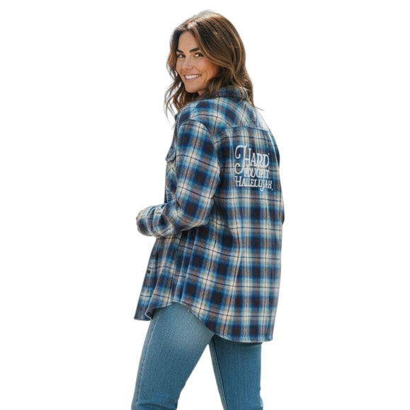 Hard Fought Hallelujah Upcycled Blue Plaid Flannel Shirt, Women's M